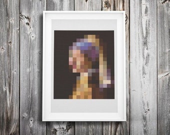 girl with pearl earring pixel art ++ fine art cross stich pattern ++ pdf INsTAnT DOwNLoAD ++ modern diy craft embroidery ++ handmade design