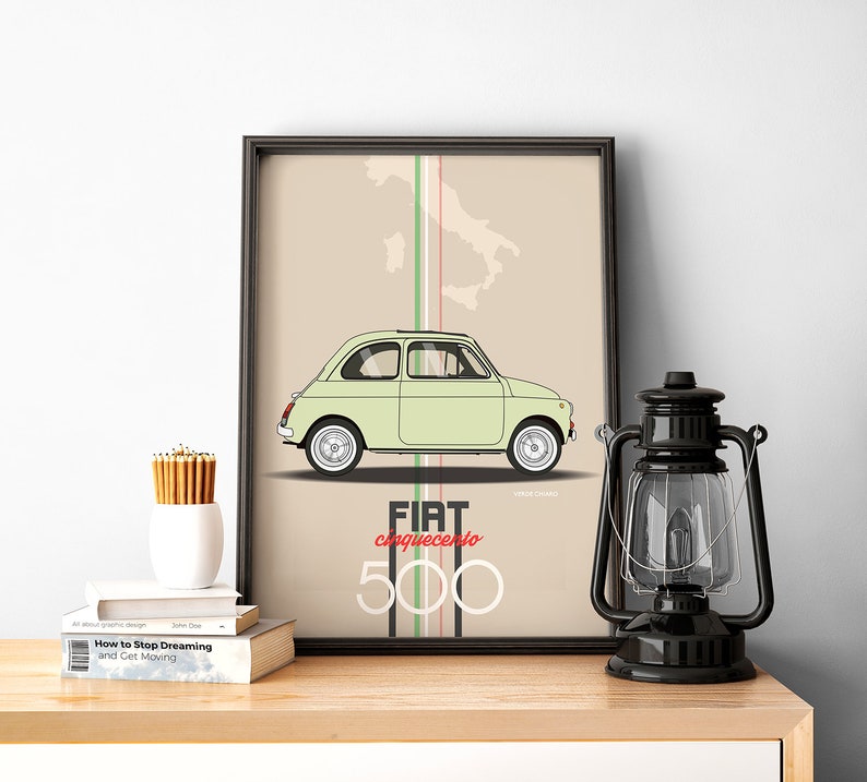 fiat 500 poster print fiat cinquecento VERDE green italian modern wall art INsTAnT DOwNLoAD handmade design image 2