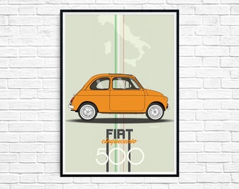 fiat 500 poster print ++  fiat cinquecento ARANCIO orange ++ italian modern wall art  ++ INsTAnT DOwNLoAD ++ handmade design