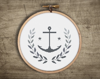 nautical sailor cross stitch pattern ++ anchor leaf wreath ++ easy modern diy ++ pdf INsTAnT DOwNLoAD ++ embroidery ++ handmade design