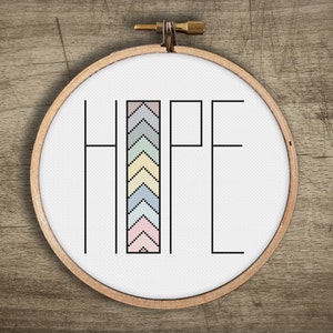 Handmade Hope colorful  counted cross stitch wall art by Futska. Custom and personalized for home or nursery decor. Pastel colors.  Modern unique gift. Digital download craft. For those who love minimalist or boho designs.  Beginner easy DIY.