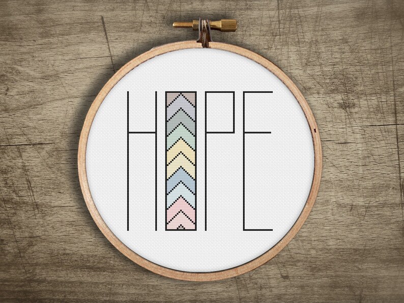 Handmade Hope colorful  counted cross stitch wall art by Futska. Custom and personalized for home or nursery decor. Pastel colors.  Modern unique gift. Digital download craft. For those who love minimalist or boho designs.  Beginner easy DIY.