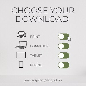 Op de afbeelding: Afbeelding met de tekst "CHOOSE YOUR DOWNLOAD" en opties voor Print, Computer, Tablet en Telefoon. Elke optie heeft een bijbehorend pictogram en een tuimelschakelaar. Het websiteadres www.etsy.com/shop/futska staat onderaan.