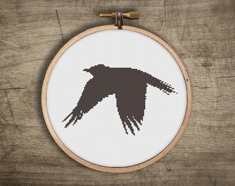 Black Raven Bird Cross Stitch Pattern : Modern Retro Flying Animal, PDF Instant Download, Embroidery, Easy Beginner DIY Craft, Hoop Wall Art