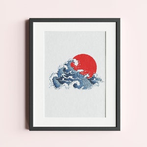 Handmade Japanese Style Tsunami sun counted cross stitch wall art by Futska. Custom and personalized for home decor. Vibrant colors.  Modern unique gift. Digital download craft. For those who love minimalist or boho designs.  Beginner easy DIY.