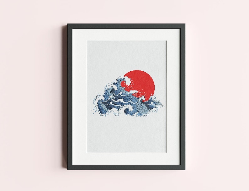 Handmade Japanese Style Tsunami sun counted cross stitch wall art by Futska. Custom and personalized for home decor. Vibrant colors.  Modern unique gift. Digital download craft. For those who love minimalist or boho designs.  Beginner easy DIY.