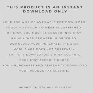 Op de afbeelding: Een witte achtergrond met zwarte tekst die luidt: "DIT PRODUCT IS ALLEEN EEN DIRECTE DOWNLOAD". Er worden instructies gegeven voor het downloaden van een PDF na aankoop op Etsy. Er staat ook dat er geen fysiek artikel wordt verzonden.