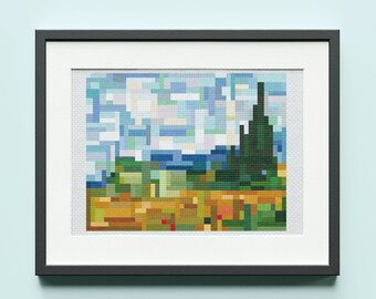 Modern Van Gogh Landscape Cross Stitch Pattern : Wheat Fields With Cypresses, PDF Instant Download Print, Tile Pixel Art, Mosaic Embroidery