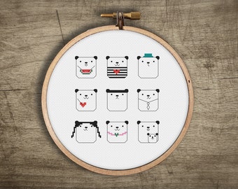 panda cross stitch pattern  ++ kawaii craft ++ emoji pandas ++ pdf INsTAnT DOwNLoAD ++ diy craft