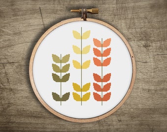 Retro Flower Modern Cross Stitch Pattern : Vintage Boho, Autumn Leaves Plant, PDF Instant Download, Spring Garden Landscape, Beginner Easy