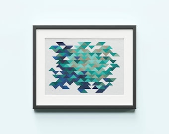 Geometric Green Triangles Modern Counted Cross Stitch Pattern : Hoop Embroidery Wall Art Decor, PDF Instant Download, Beginner DIY Craft