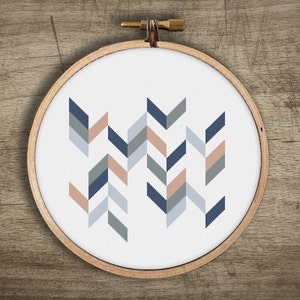 Chevron blauwe pijlen modern kruissteekpatroon: retro strepen, vintage pastelmozaïek, geometrisch borduurwerk, pdf digitale instant download