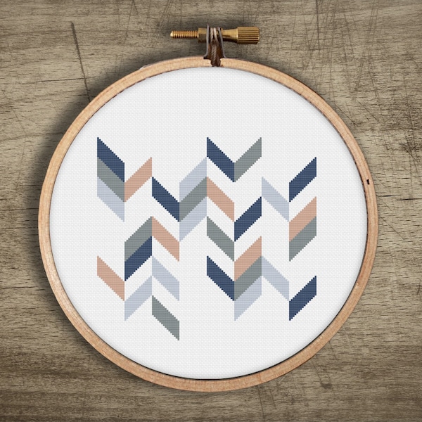 Chevron Blue Arrows Modern Cross Stitch Pattern : Retro Stripes, Vintage Pastel Mosaic, Geometric Embroidery, PDF Digital Instant Download