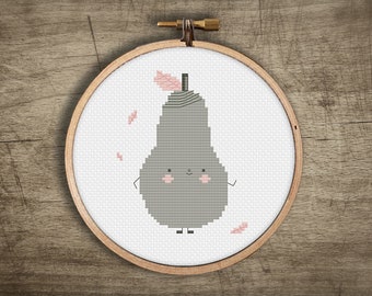 cute fruit cross stitch pattern ++  small modern craft ++ pdf INsTAnT DOwNLoAD ++ diy pear embroidery ++ pixel art