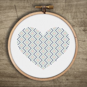 Zig Zag Striped Heart Counted Cross Stitch Pattern : Funky Retro, Modern Embroidery Art, PDF Instant Download, Hipster Easy DIY Craft
