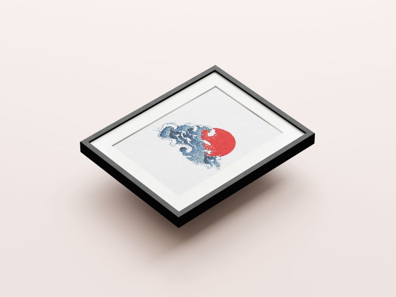 Framed Japanese Style Tsunami sun counted cross stitch wall art by Futska. Custom and personalized for home decor. Vibrant colors.  Modern unique gift. Digital download craft. For those who love minimalist or boho designs.  Beginner easy DIY.