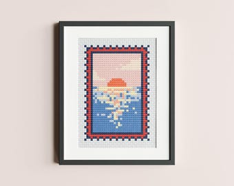 Seaside Mini Retro Stamp Cross Stitch Pattern : Small Sea Sunset, PDF Instant Download, Easy Beginner Craft, Italian Coast Handmade Gift