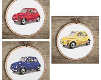 Classic Italian Fiat 500 Cross Stitch Book Series : 3 Pattern Set, PDF Instant Download Book, Retro Modern Hoop Art Embroidery, Vintage Car