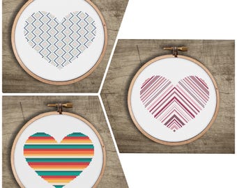 Heart Cross Stitch Book Mini Series : 3 Pattern Set, PDF Instant Download Book, Striped, Retro Rainbow, Love, Geometric, Easy Embroidery