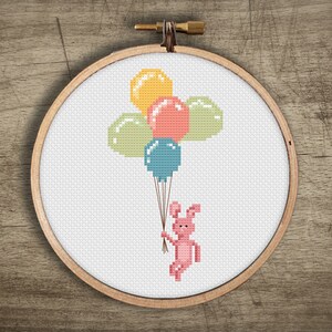 Cute Rabbit Cross Stitch Pattern : Spring Bunny, PDF Instant Download Print, Baby Gift Embroidery, Pastel Balloons, Easy Mini Small Stitch
