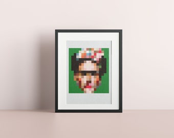 Frida In Green Cross Stitch Pattern : Modern Self Portrait Wall Art, PDF Instant Download Print, Tile Pixel Art, Mosaic Embroidery