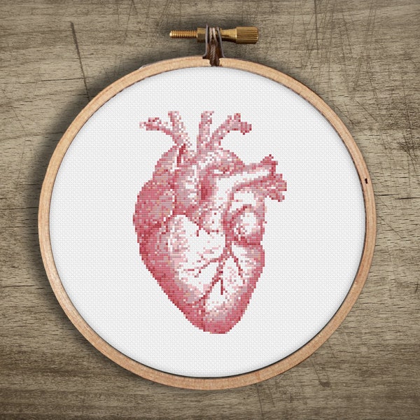 Red Raw Heart Diagram Cross Stitch Pattern : Gothic Retro Modern Embroidery, PDF Instant Download, Wall Art, Craft, Human Anatomy Craft