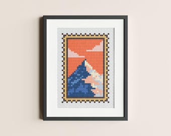 Mountain Mini Retro Stamp Cross Stitch Pattern : Small Sunset, PDF Instant Download, Easy Beginner Embroidery Craft, Landscape Handmade Gift