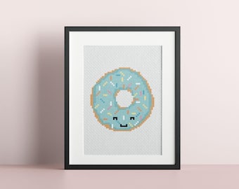 Blue Blueberry Sprinkles Donut Small Cross Stitch Pattern : PDF Instant Digital Download Modern Kawaii Counted DIY Easy Embroidery Craft Art