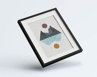 Mountain Reflection Counted Cross Stitch Pattern : Nature Forest Moon Water, PDF Instant Download, Retro Modern Embroidery Art, DIY Craft