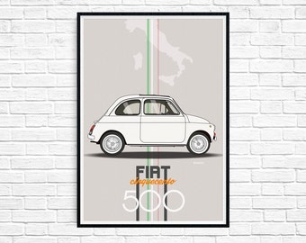 fiat 500 poster print ++  fiat cinquecento BIANCO white ++ italian modern wall art  ++ INsTAnT DOwNLoAD ++ handmade design