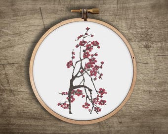 Bonsai Modern Cross Stitch Pattern : Spring Easy Red Cherry Blossom Tree, PDF Instant Download, DIY Embroidery Art, Floral Counted Craft Kit