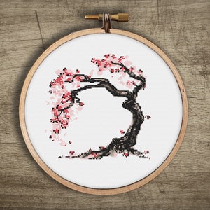Bonsai modern kruissteekpatroon: handgemaakte Aziatische kersenbloesemboom, pdf instant digitale download, uniek ambachtelijk interieur kunst aan de muur