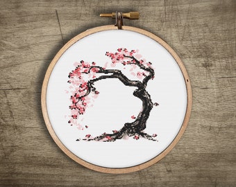 Bonsai Modern Cross Stitch Pattern : Handmade Asian Cherry Blossom Tree, PDF Instant Digital Download, Unique Craft Home Decor Wall Art