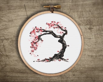 Bonsai Modern Cross Stitch Pattern : Spring Asian Cherry Blossom Tree, PDF Instant Download, Japanese Embroidery Art, Floral Pattern