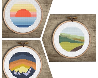 Cross Stitch Book Mini Series : 3 Patterns Set, PDF Instant Download Book, Rolling Hills, Mountain, Ocean Sunset, Nature Park Embroidery