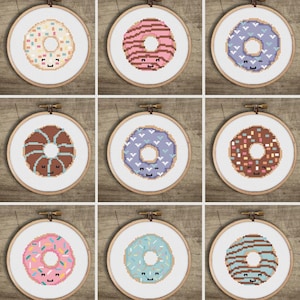 Donut Book Set of 9 Cross Stitch Pattern : Cute Small Mini Craft, PDF Instant Digital Download, Kawaii Counted DIY, Easy Embroidery Craft