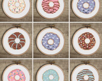 Donut Book Set of 9 Cross Stitch Pattern : Cute Small Mini Craft, PDF Instant Digital Download, Kawaii Counted DIY, Easy Embroidery Craft