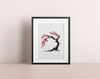 Bonsai Modern Cross Stitch Pattern : Handmade Asian Cherry Blossom Tree, PDF Instant Digital Download, Unique Craft Home Decor Wall Art