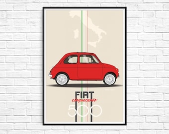 fiat 500 poster print ++  fiat cinquecento ROSSO red ++ italian modern wall art  ++ INsTAnT DOwNLoAD ++ handmade design