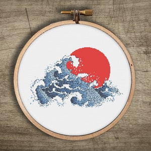 Handmade Japanese Style Tsunami sun counted cross stitch wall art by Futska. Custom and personalized for home decor. Vibrant colors.  Modern unique gift. Digital download craft. For those who love minimalist or boho designs.  Beginner easy DIY.