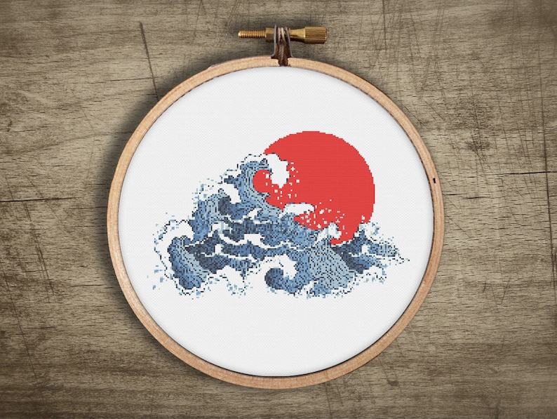 Handmade Japanese Style Tsunami sun counted cross stitch wall art by Futska. Custom and personalized for home decor. Vibrant colors.  Modern unique gift. Digital download craft. For those who love minimalist or boho designs.  Beginner easy DIY.