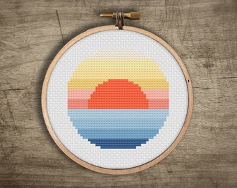 Mini Ocean Sunset Modern Cross Stitch Pattern : Nature Embroidery, PDF Instant Download Print, Small Colorful Landscape Rainbow Sunrise