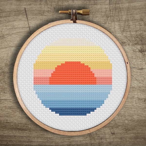 Mini Ocean Sunset Modern Cross Stitch Pattern : Nature Embroidery, PDF Instant Download Print, Small Colorful Landscape Rainbow Sunrise