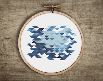 Geometric Blue Triangles Modern Counted Cross Stitch Pattern : Hoop Embroidery Wall Art Decor, PDF Instant Download, Beginner Easy DIY Craft