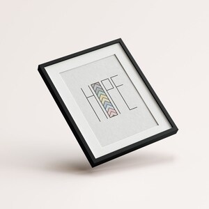 Handmade framed Hope colorful  counted cross stitch wall art by Futska. Custom and personalized for home or nursery decor. Pastel colors.  Modern unique gift. Digital download craft. For those who love minimalist or boho designs.  Beginner easy DIY.