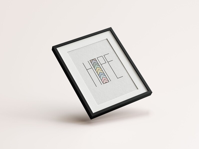 Handmade framed Hope colorful  counted cross stitch wall art by Futska. Custom and personalized for home or nursery decor. Pastel colors.  Modern unique gift. Digital download craft. For those who love minimalist or boho designs.  Beginner easy DIY.