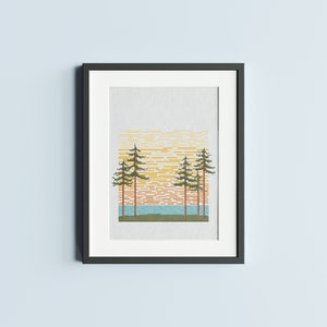 Forest Sunset Cross Stitch Pattern : Nature Embroidery, Retro Modern Wall Art, PDF Instant Download, Sunrise In The Woods
