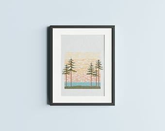 Forest Sunset Cross Stitch Pattern : Nature Embroidery, Retro Modern Wall Art, PDF Instant Download, Sunrise In The Woods