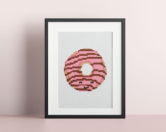 Mini Strawberry Chocolate Donut Counted Cross Stitch Pattern : PDF Instant Digital Download, Kawaii Cute Small, DIY Easy Embroidery Craft