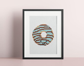 Mini Blueberry Chocolate Donut Counted Cross Stitch Pattern : PDF Instant Digital Download, Kawaii Cute Small, DIY Easy Embroidery Craft Art